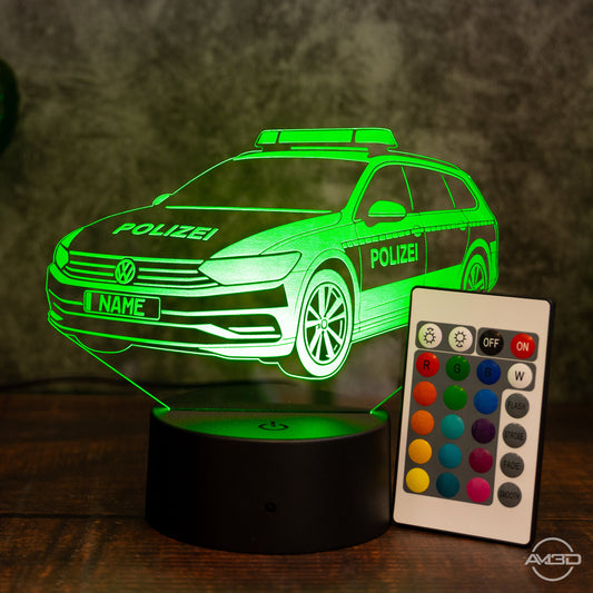 LED - Leuchte „Polizeiauto“ mit Wunschkennzeichen – 3D - Licht für kleine Blaulichtfans - AM3D Shopmit Kunststoffsockel