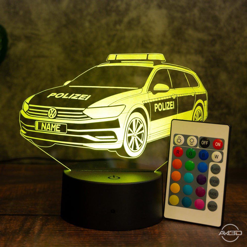 LED - Leuchte „Polizeiauto“ mit Wunschkennzeichen – 3D - Licht für kleine Blaulichtfans - AM3D Shopmit Kunststoffsockel