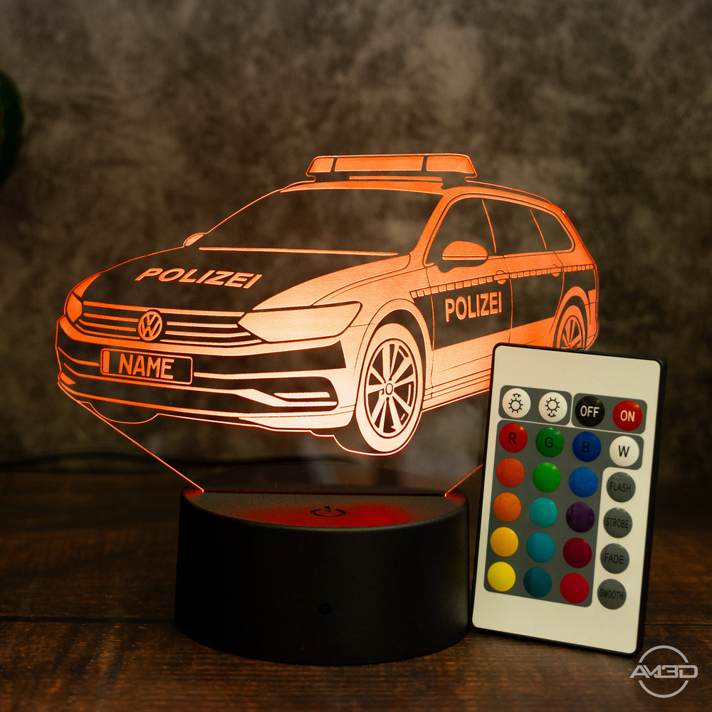 LED - Leuchte „Polizeiauto“ mit Wunschkennzeichen – 3D - Licht für kleine Blaulichtfans - AM3D Shopmit Kunststoffsockel