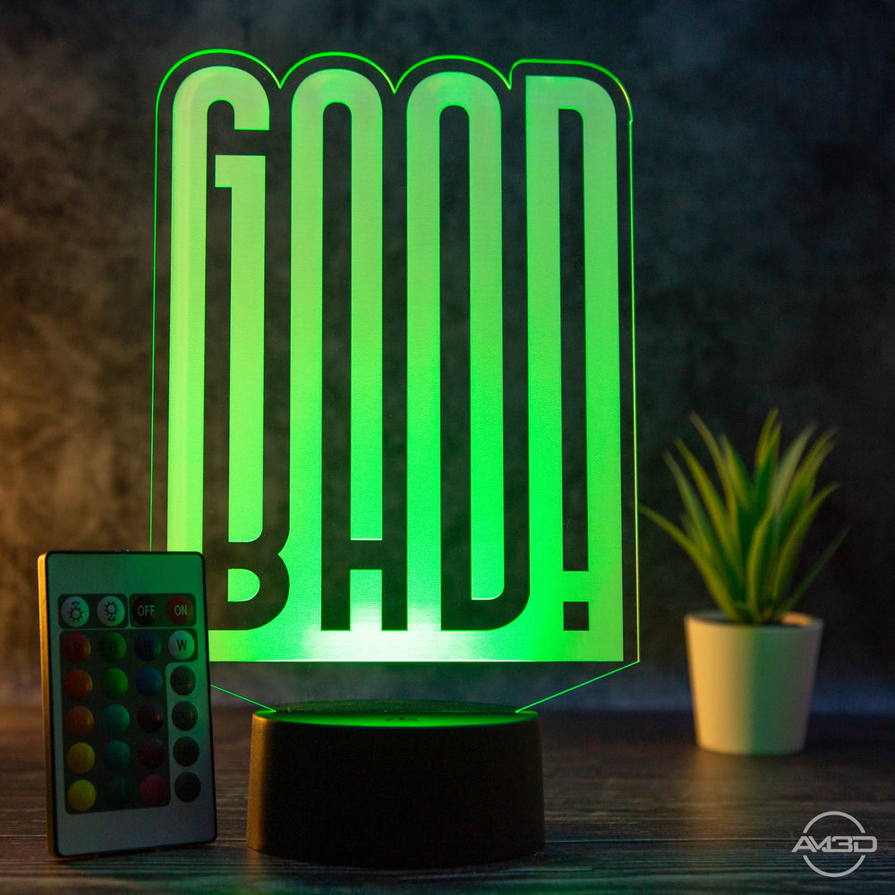 LED Tischlampe Acryl – GOOD/BAD Motiv für jede Stimmung | Stimmungsvolle Beleuchtung | Modernes Design | Tischleuchte - AM3D Shopmit Kunststoffsockel