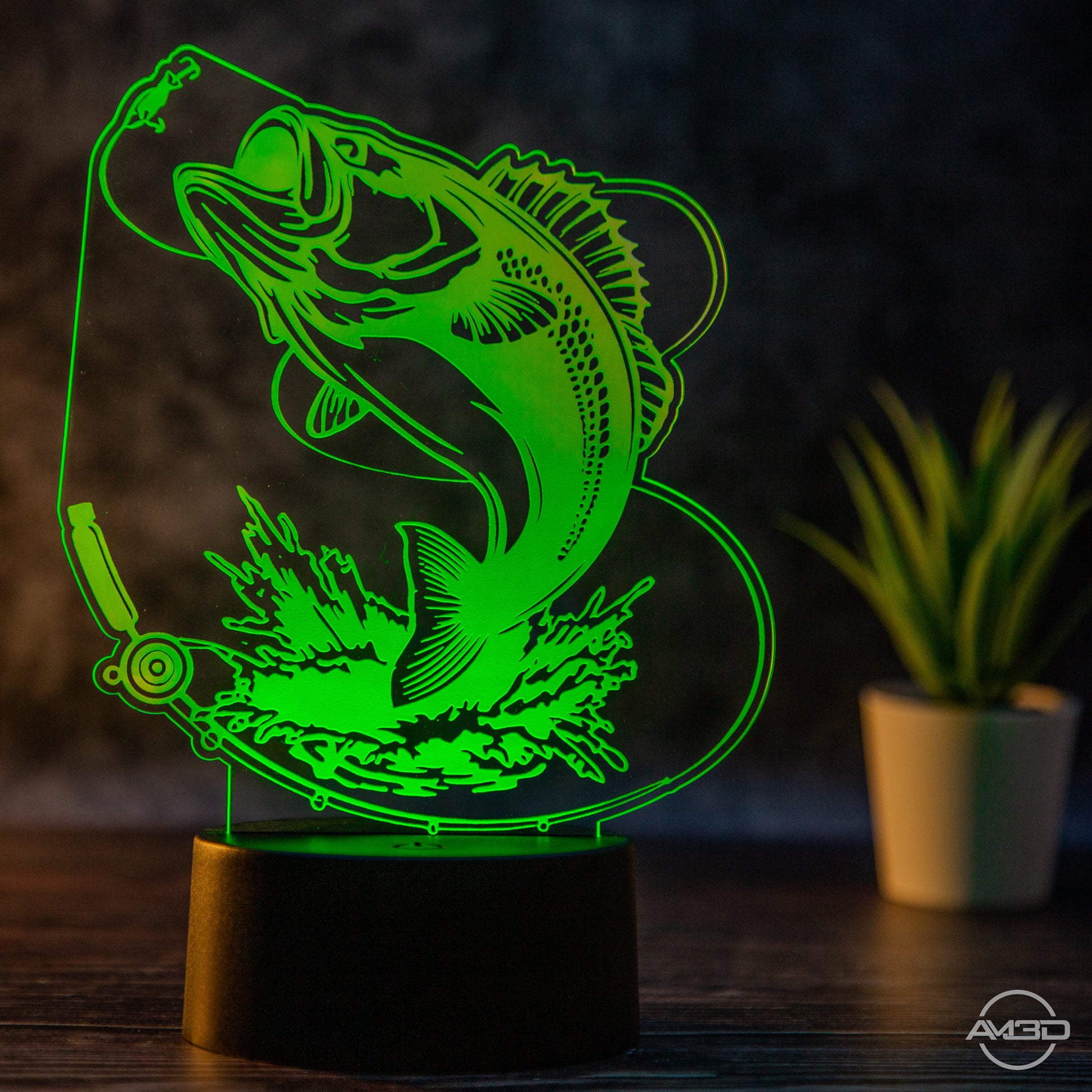 LED Tischlampe aus Acryl - Angeln // Fischen// Nachtlicht LED Acryl - AM3D Shopmit Kunststoffsockel