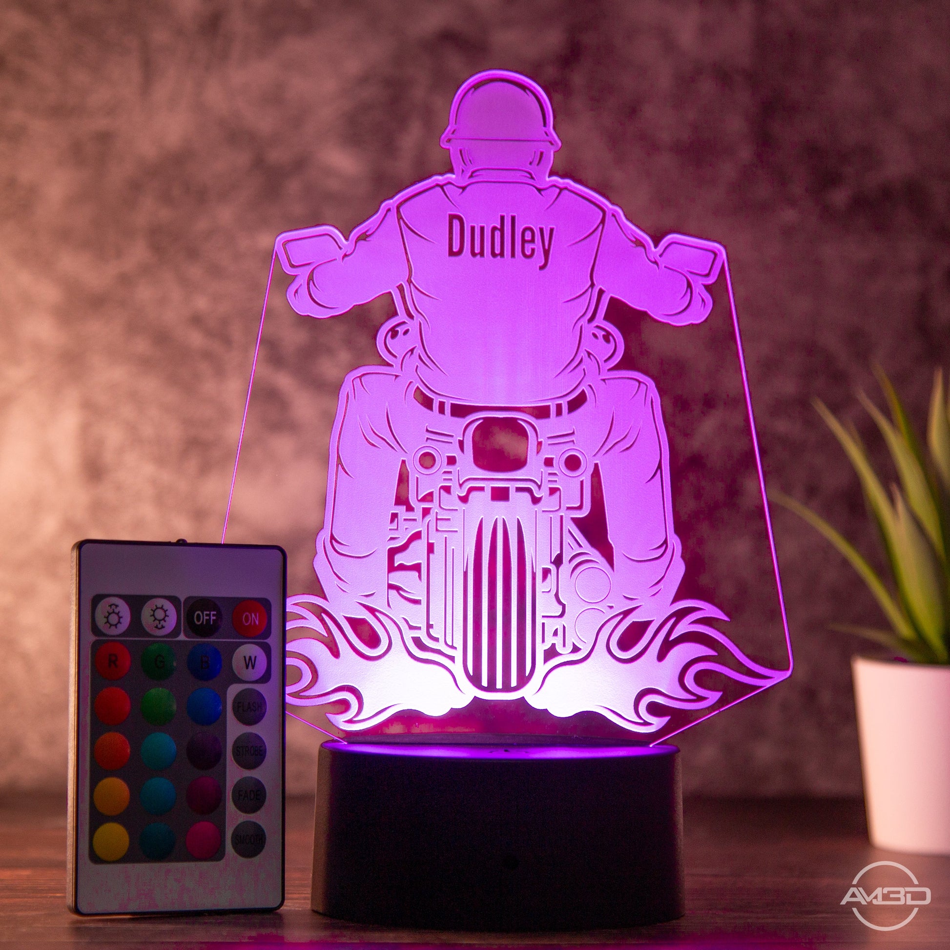 LED Tischlampe aus Acryl - Biker - Das perfekte Geschenk für Motorradfahrer - AM3D Shopmit Kunststoffsockel