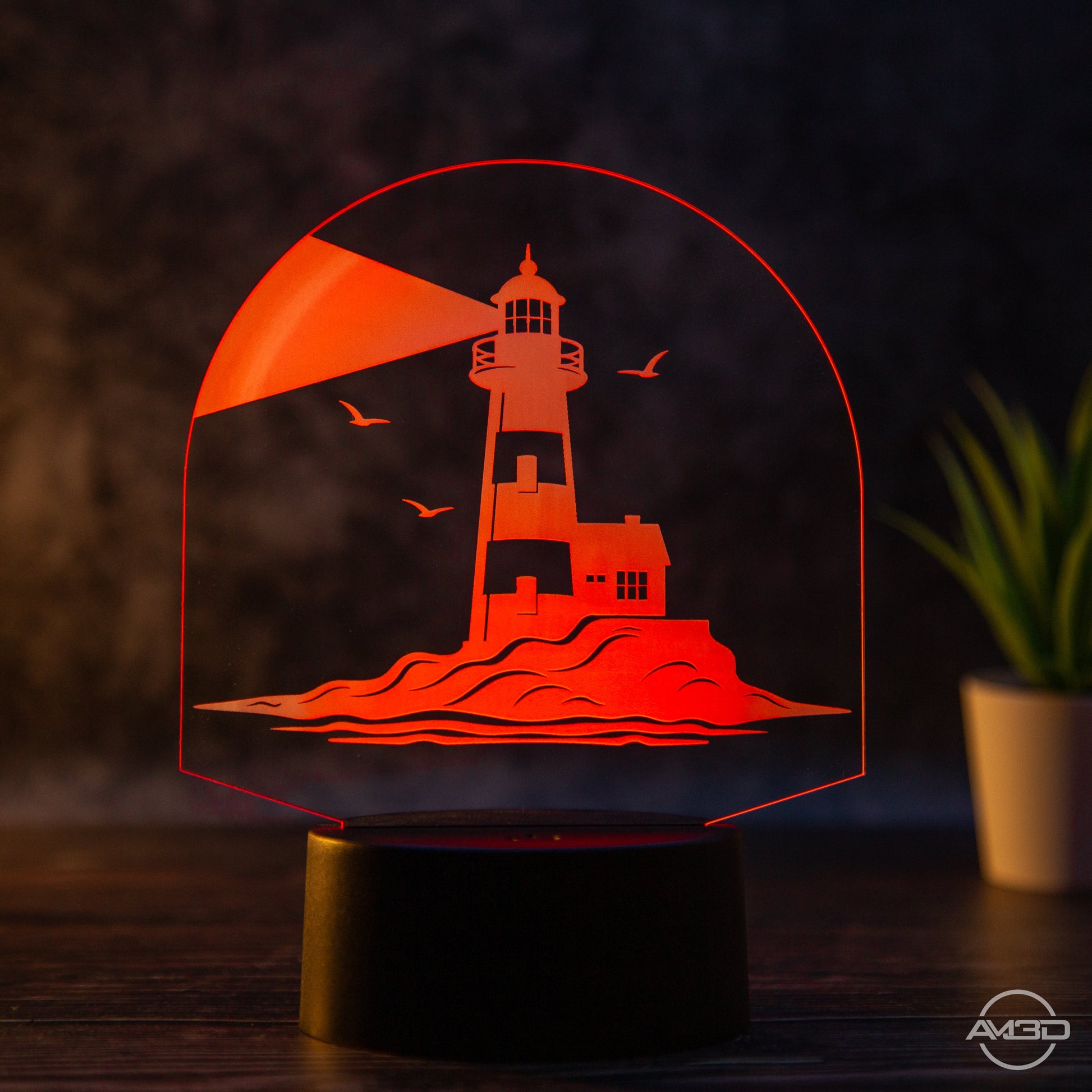 LED Tischlampe aus Acryl - Leuchtturm - AM3D Shopmit Kunststoffsockel