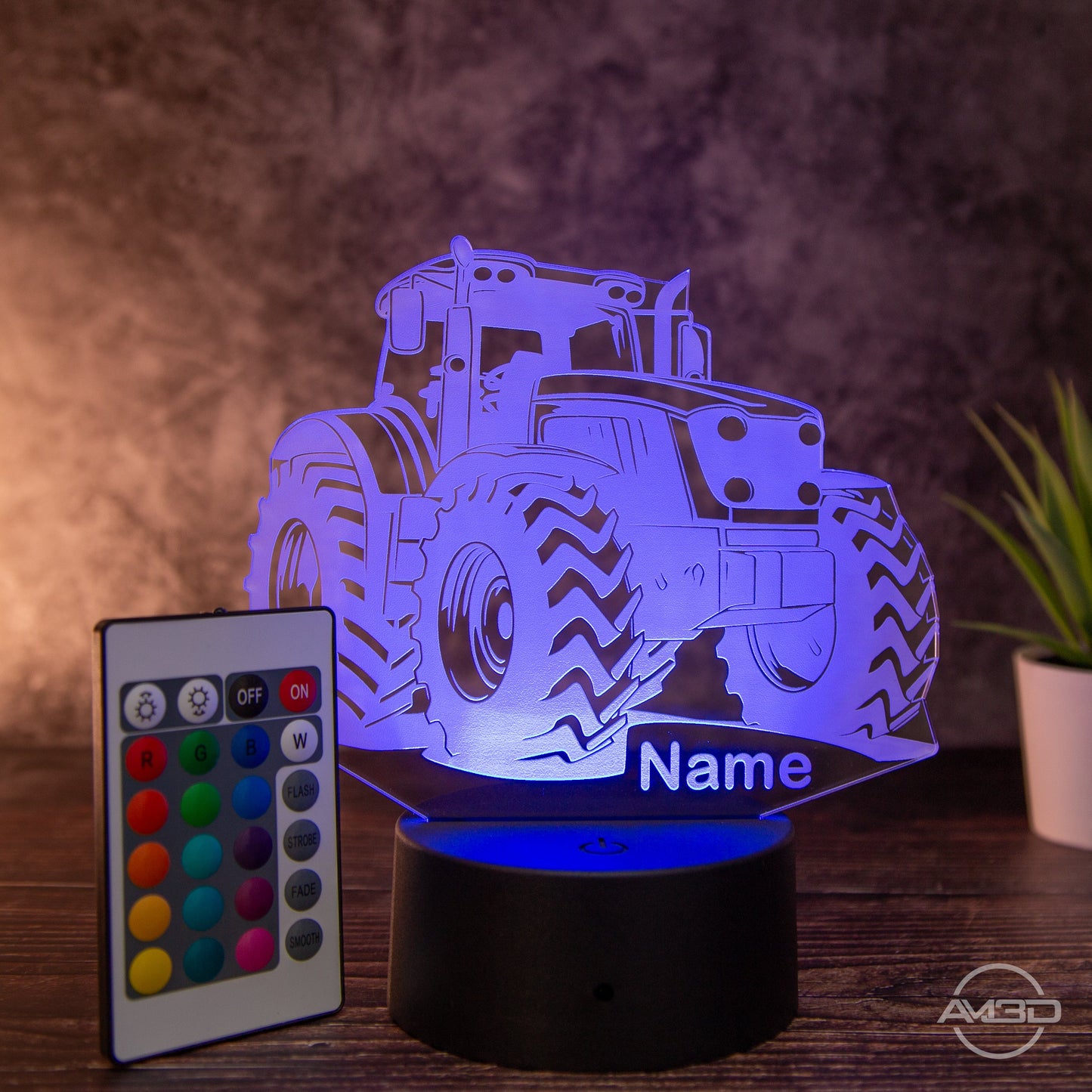 LED Tischlampe aus Acryl - Traktor - Das perfekte Geschenk für Traktorfans - AM3D Shopmit Kunststoffsockel