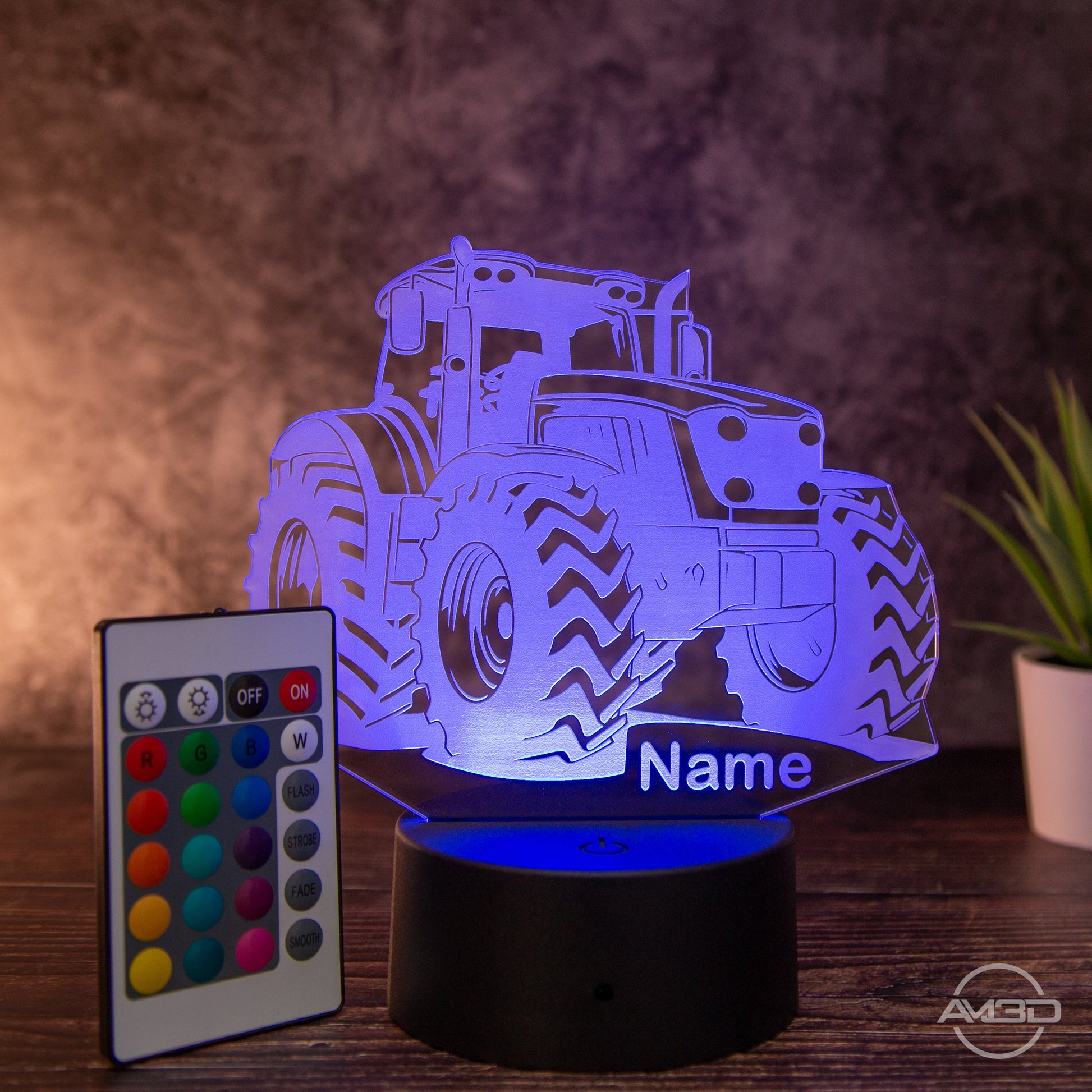 LED Tischlampe aus Acryl - Traktor - Das perfekte Geschenk für Traktorfans - AM3D Shopmit Kunststoffsockel