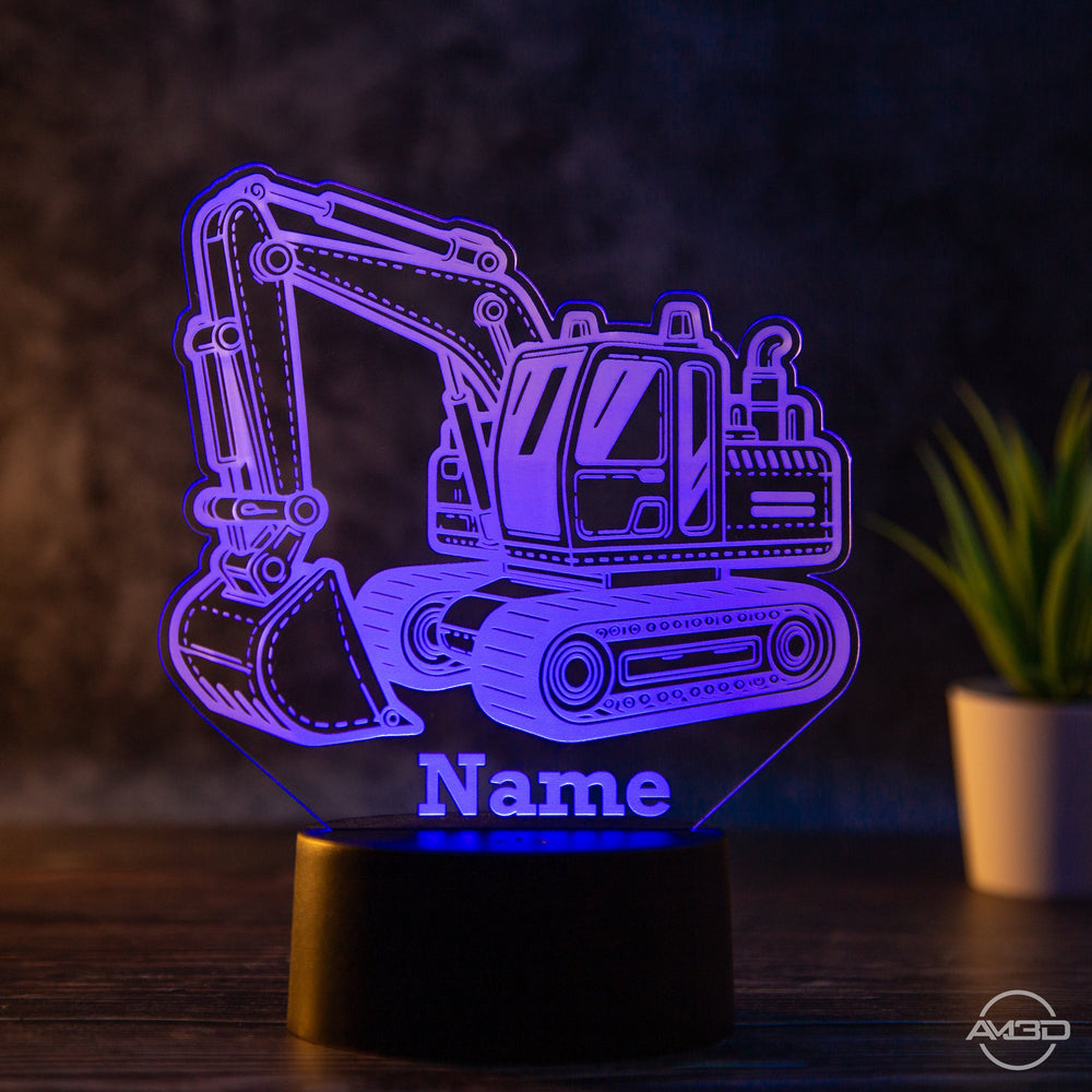 personalisierbare LED Tischlampe aus Acryl - Bagger, Baustelle, Baggerfahrer - AM3D Shopmit Kunststoffsockel