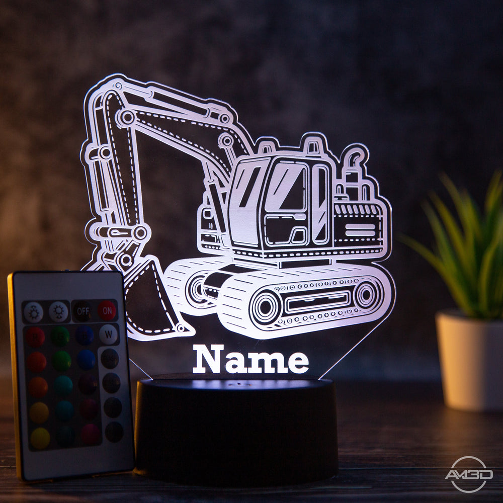 personalisierbare LED Tischlampe aus Acryl - Bagger, Baustelle, Baggerfahrer - AM3D Shopmit Kunststoffsockel