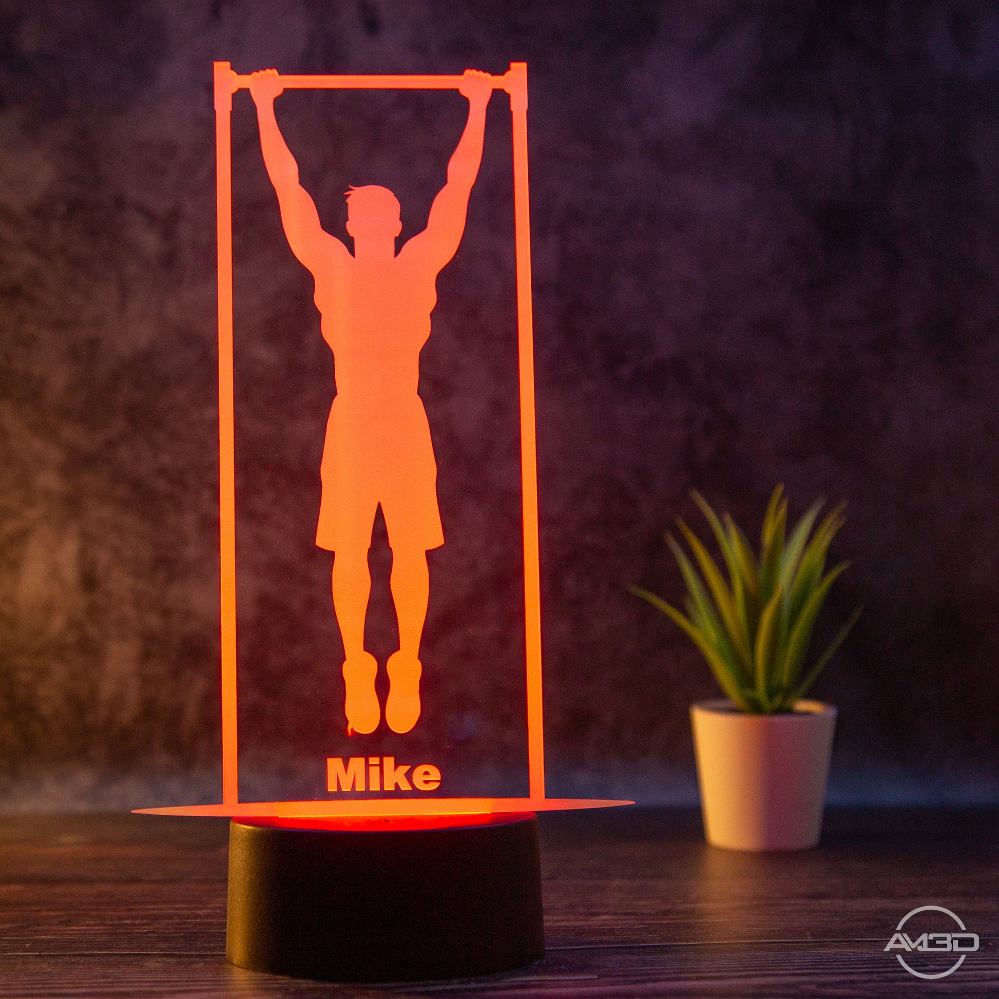 Personalisierbare LED Tischlampe aus Acryl Calisthenics, Klimmzug, Sport - AM3D Shopmit Kunststoffsockel