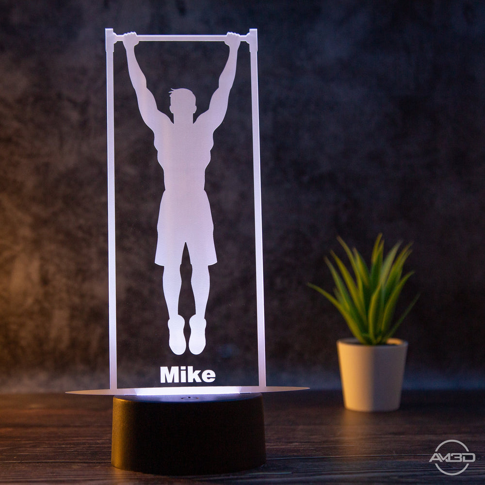 Personalisierbare LED Tischlampe aus Acryl Calisthenics, Klimmzug, Sport - AM3D Shopmit Kunststoffsockel