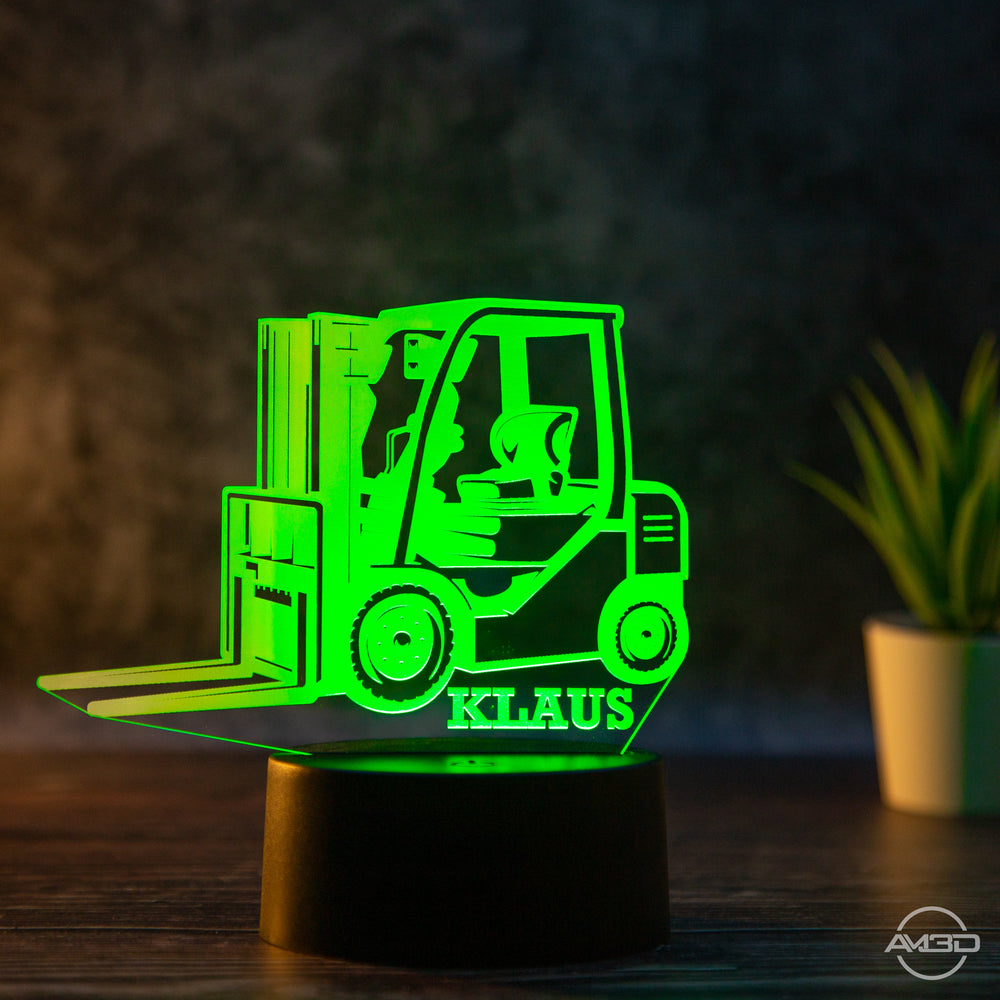 personalisierbare LED Tischlampe aus Acryl - Gabelstapler - AM3D Shopmit Kunststoffsockel