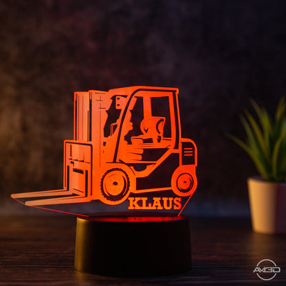personalisierbare LED Tischlampe aus Acryl - Gabelstapler - AM3D Shopmit Kunststoffsockel