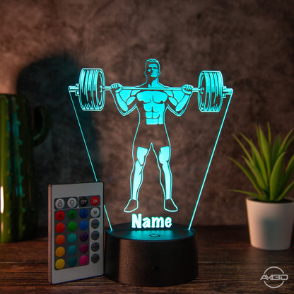 Personalisierbare LED Tischlampe aus Acryl "Gewichtheber" - AM3D Shopmit Kunststoffsockel