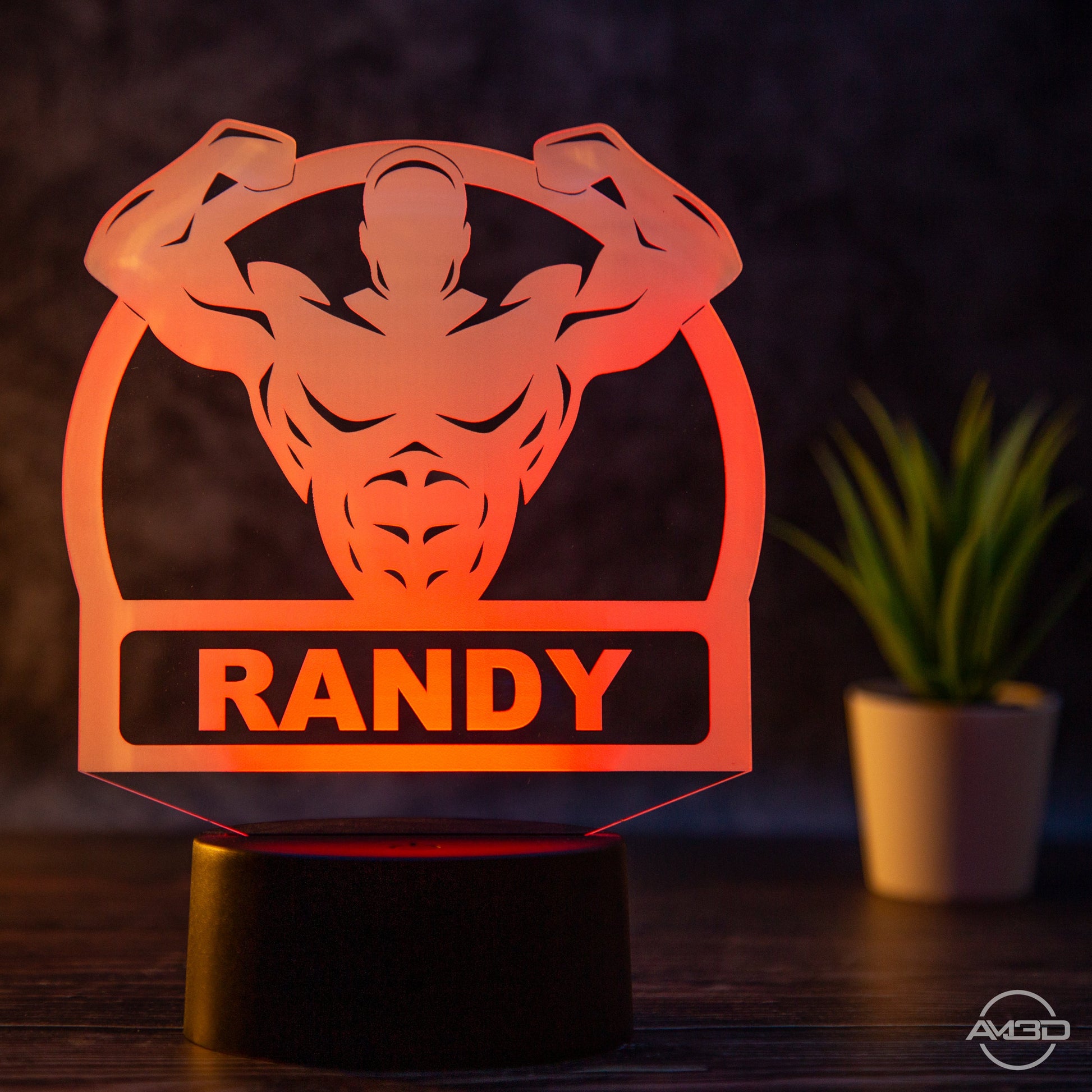 Personalisierbare LED Tischlampe aus Acryl mit Body Builder - AM3D Shopmit Kunststoffsockel
