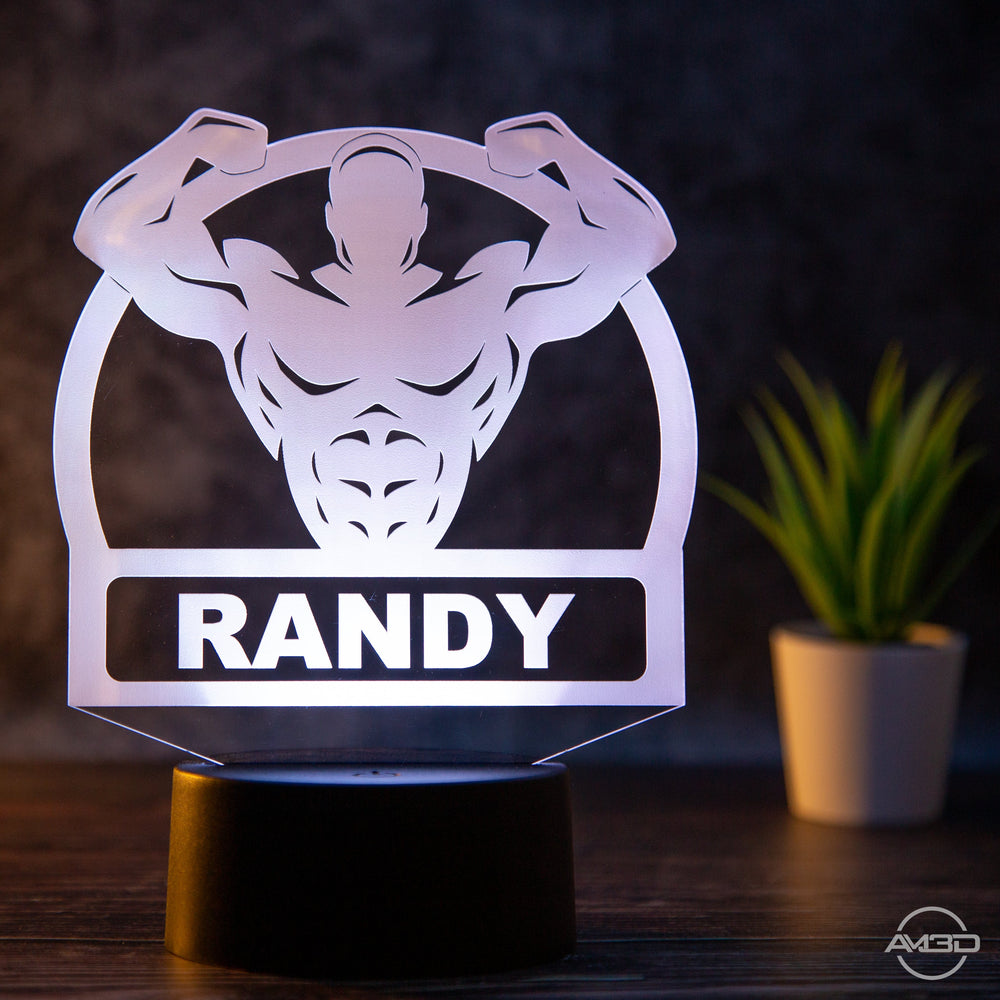 Personalisierbare LED Tischlampe aus Acryl mit Body Builder - AM3D Shopmit Kunststoffsockel