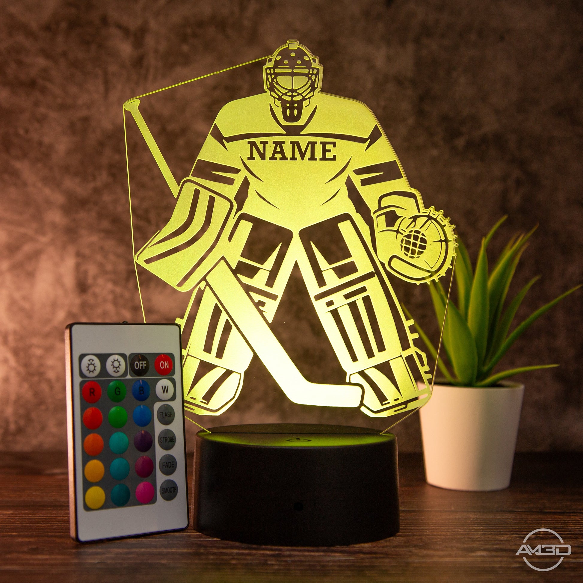 Personalisierbare LED - Tischlampe aus Acryl mit Eishockeyspieler – Perfektes Geschenk für Eishockey - Fans - AM3D Shopmit Kunststoffsockel