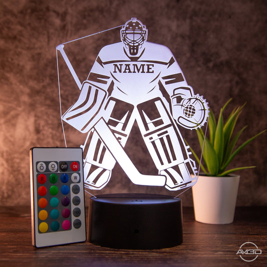 Personalisierbare LED - Tischlampe aus Acryl mit Eishockeyspieler – Perfektes Geschenk für Eishockey - Fans - AM3D Shopmit Kunststoffsockel