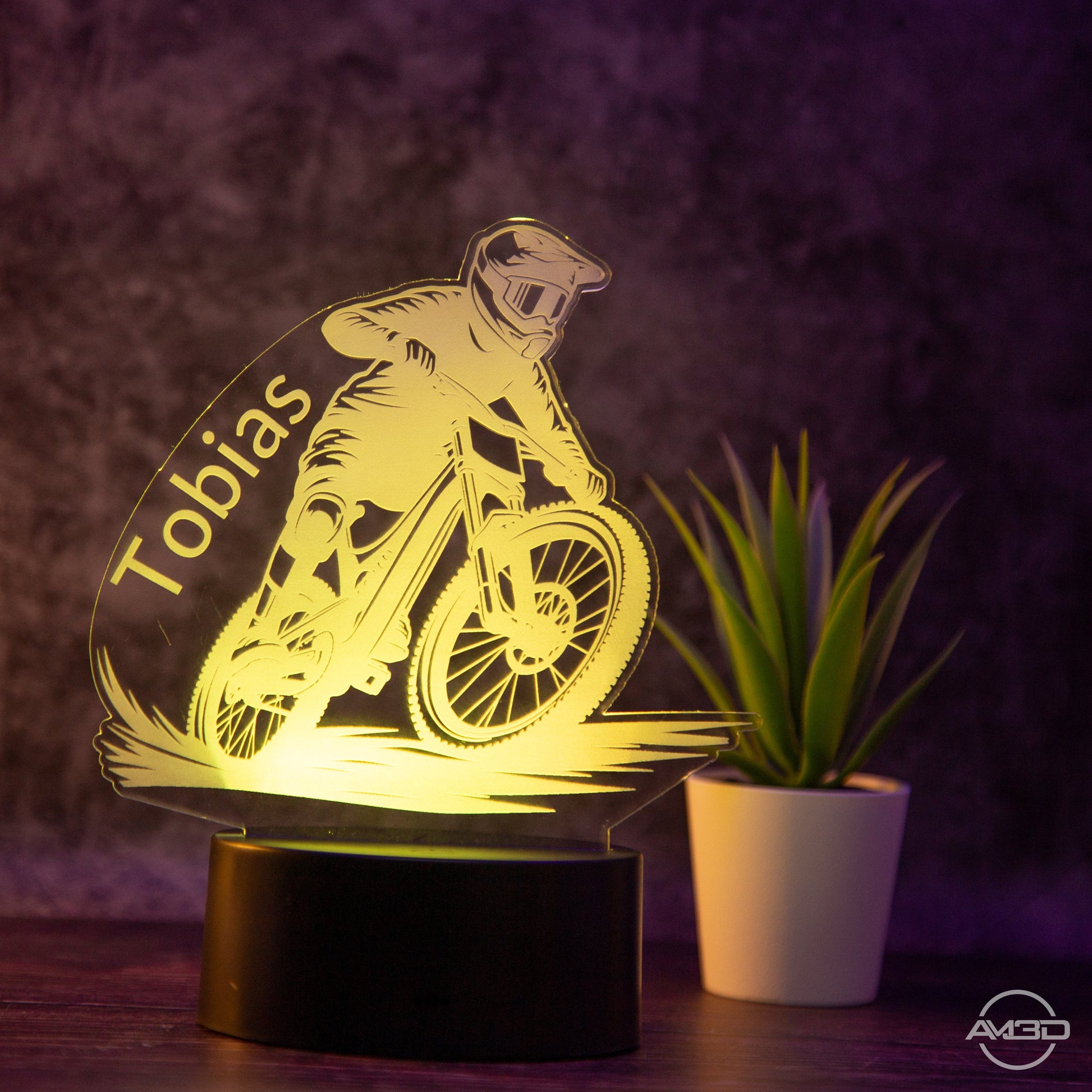 personalisierte Tischlampe Mountainbiker Downhill Nachtlicht fürs Kinderzimmer / Tischlampe LED Acryl - AM3D Shopmit Kunststoffsockel