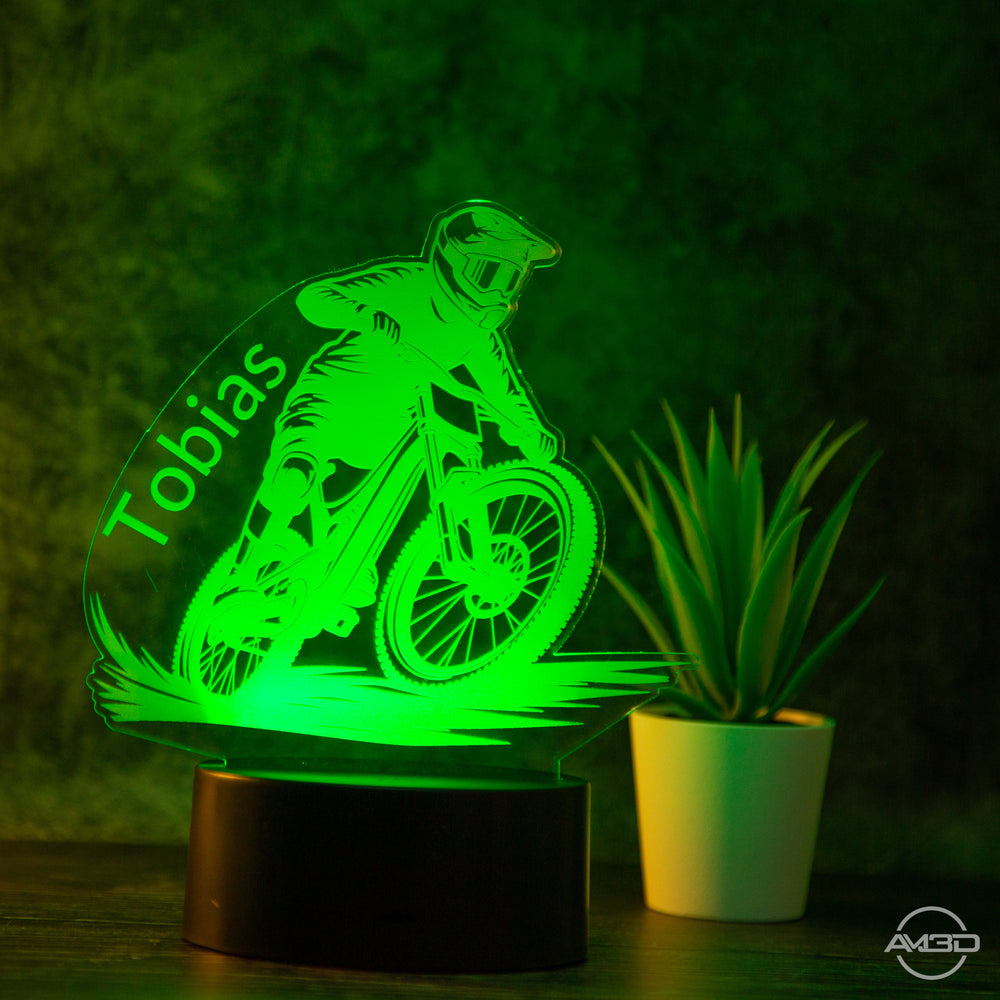 personalisierte Tischlampe Mountainbiker Downhill Nachtlicht fürs Kinderzimmer / Tischlampe LED Acryl - AM3D Shopmit Kunststoffsockel