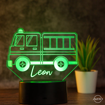 personalisiertes Nachtlicht Feuerwehrauto fürs Kinderzimmer / Tischlampe LED Acryl - AM3D Shopmit Kunststoffsockel