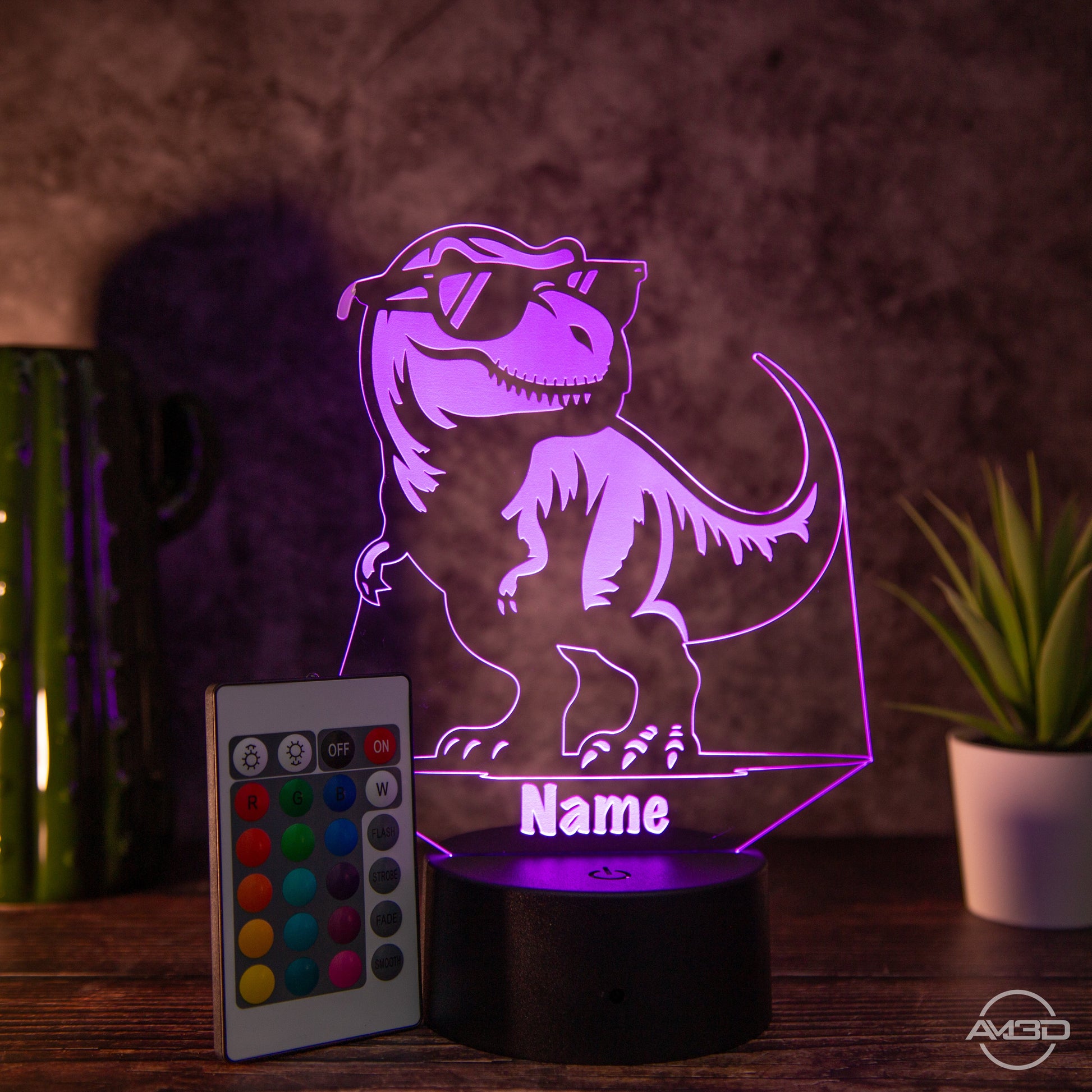 personalisiertes Nachtlicht fürs Kinderzimmer "T - Rex" - AM3D Shopmit Kunststoffsockel