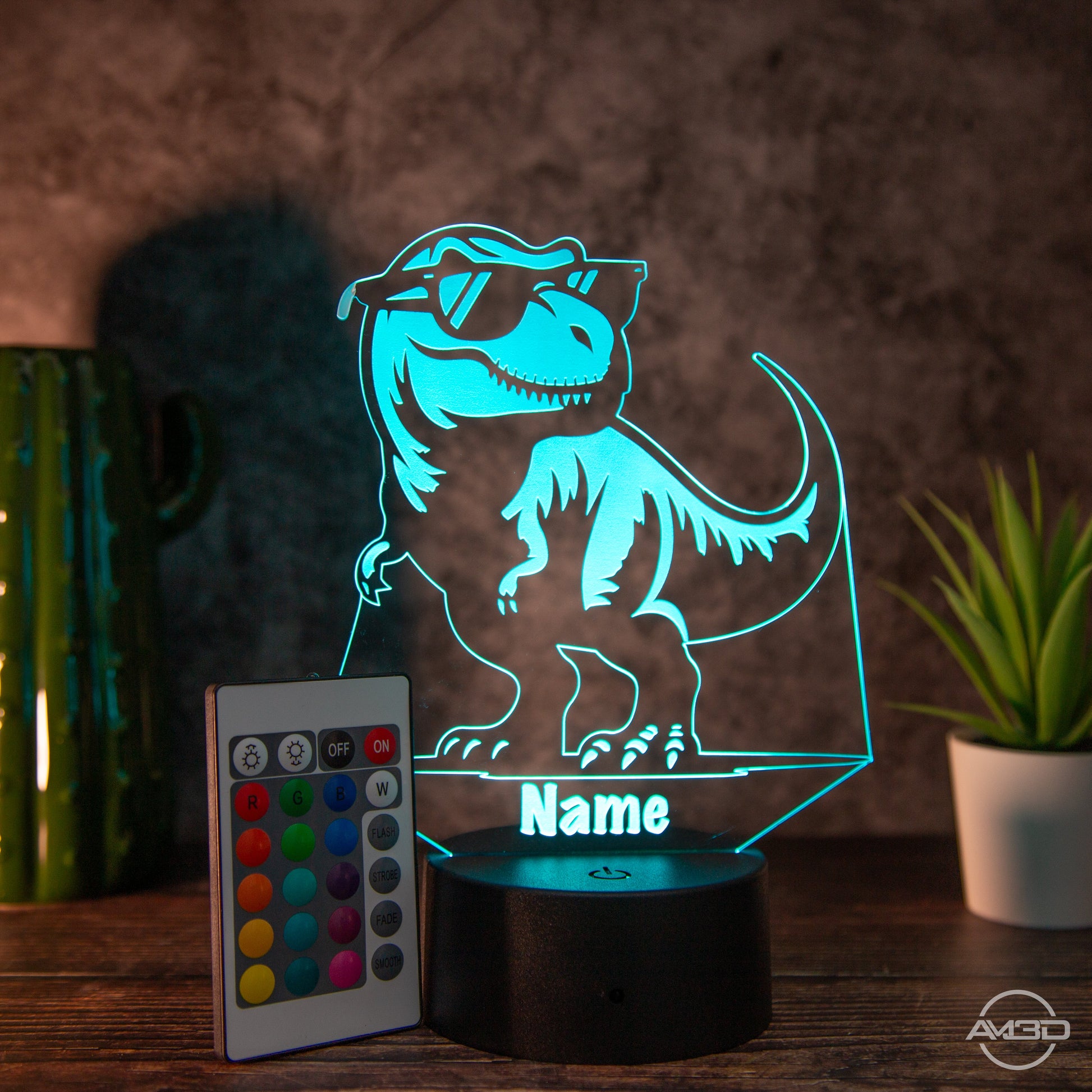 personalisiertes Nachtlicht fürs Kinderzimmer "T - Rex" - AM3D Shopmit Kunststoffsockel
