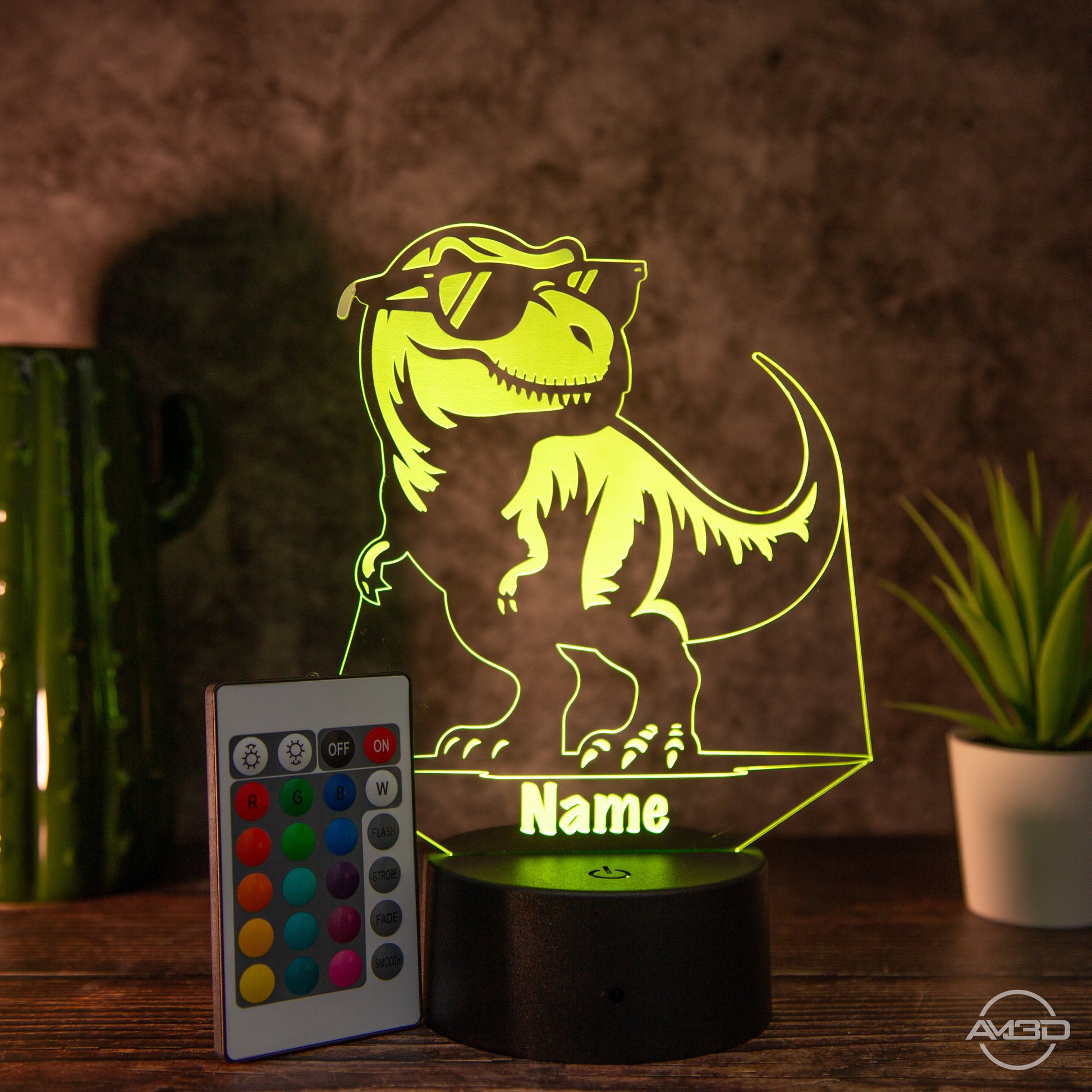 personalisiertes Nachtlicht fürs Kinderzimmer "T - Rex" - AM3D Shopmit Kunststoffsockel