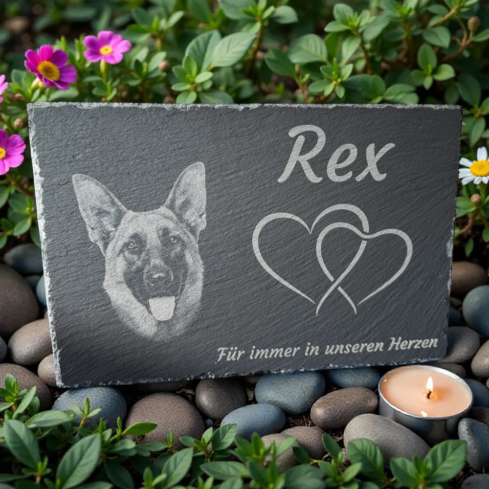 Schiefer - Gedenktafel 30×20 cm mit Foto - Gravur – personalisiert für Haustiere - AM3D Shop