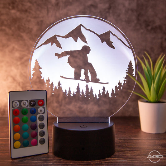Tischlampe aus Acryl mit Snowboard - Motiv - Das perfekte Geschenk für Snowboarder! - AM3D Shopmit Kunststoffsockel