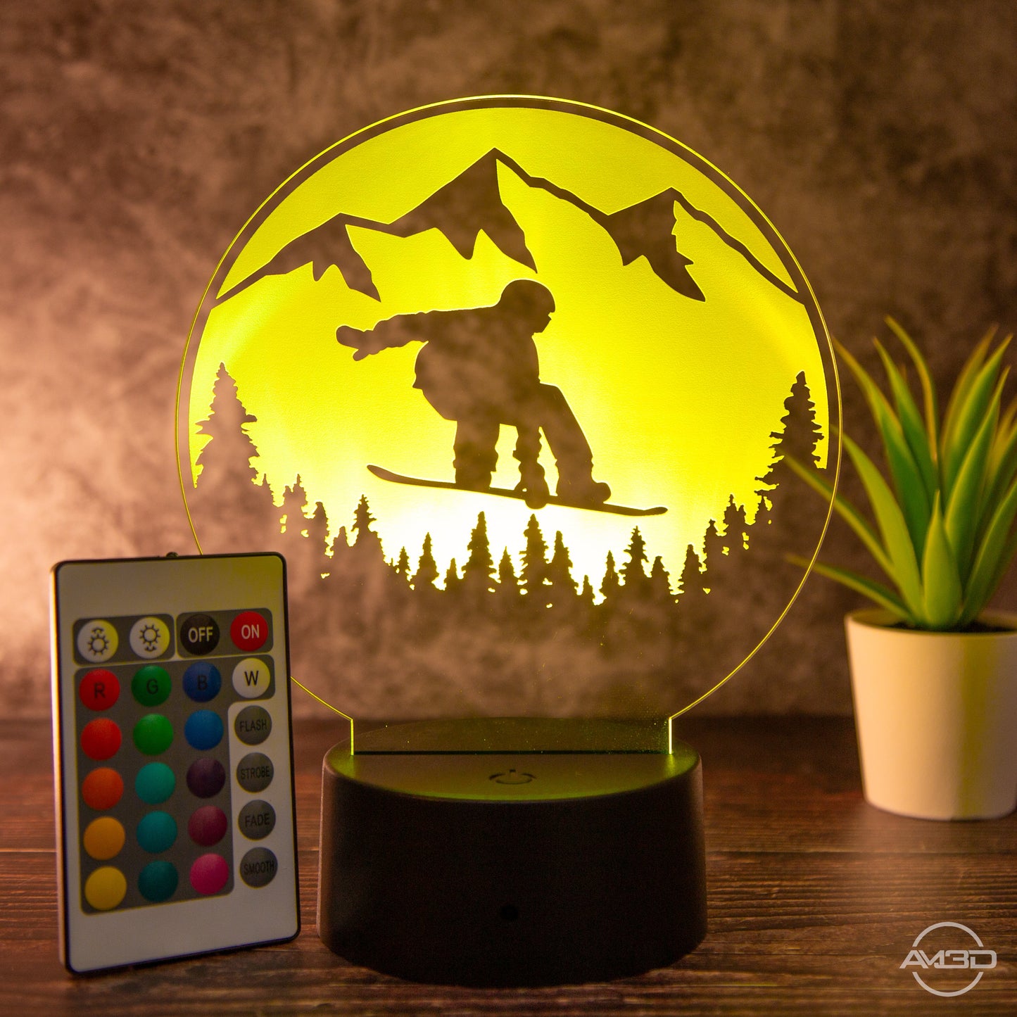 Tischlampe aus Acryl mit Snowboard - Motiv - Das perfekte Geschenk für Snowboarder! - AM3D Shopmit Kunststoffsockel
