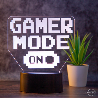 Tischlampe Gaming für Kinderzimmer - Gamer Mode On - LED Nachtlicht aus Acryl, Gamer Geschenk - AM3D Shopmit Kunststoffsockel