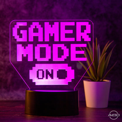 Tischlampe Gaming für Kinderzimmer - Gamer Mode On - LED Nachtlicht aus Acryl, Gamer Geschenk - AM3D Shopmit Kunststoffsockel